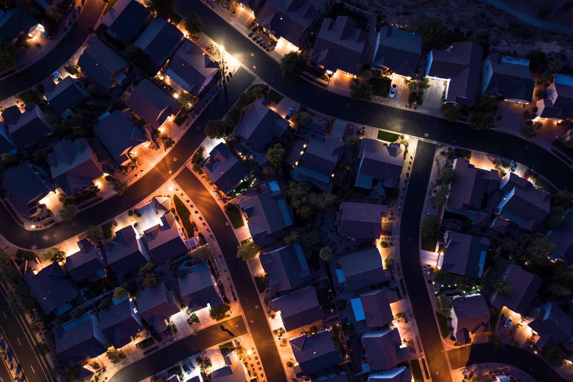 Top Down Drone Shot of Residential Streets in St. George, UT at Night